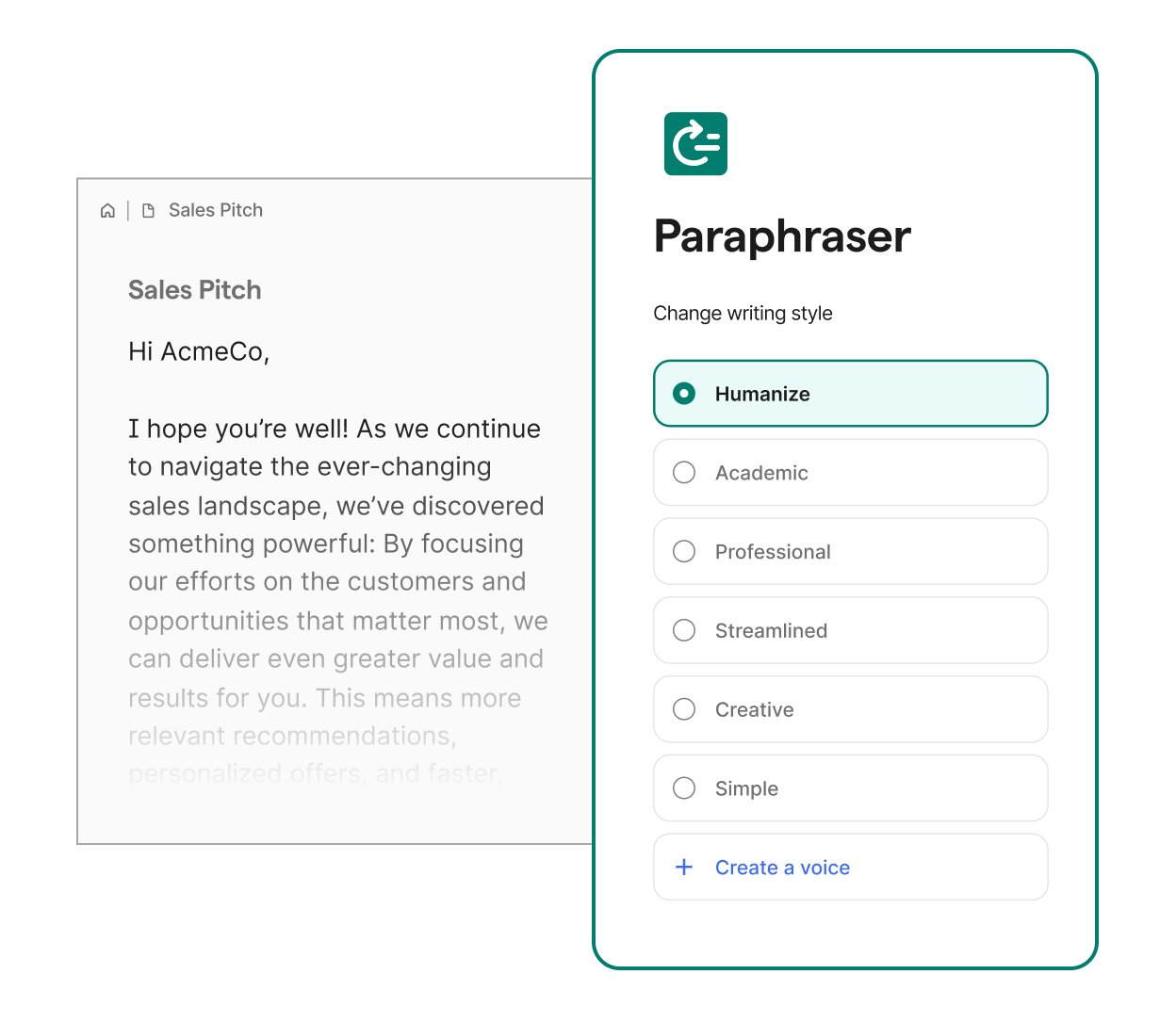 A visual of the paraphraser agent and the ability to choose a writing style