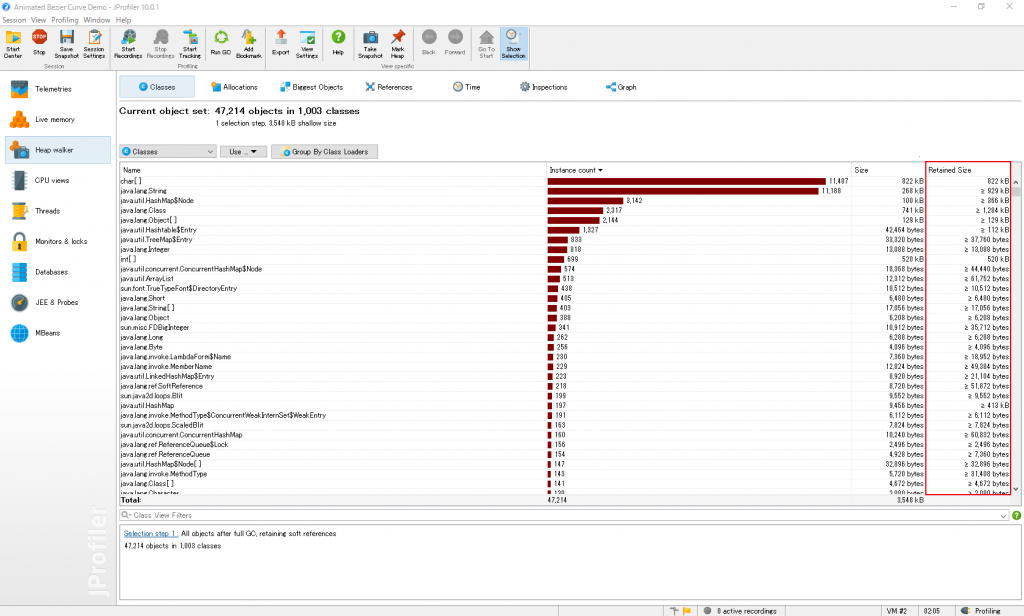 jprofiler retained size