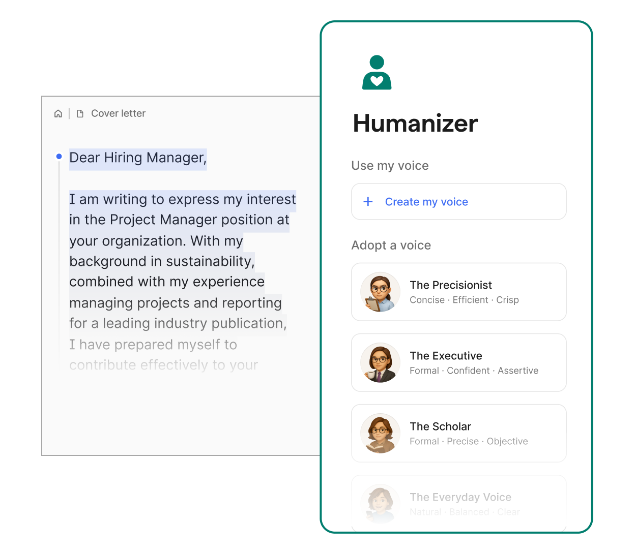 Grammarly の Humanizer を使用してカバーレターを作成しているユーザー