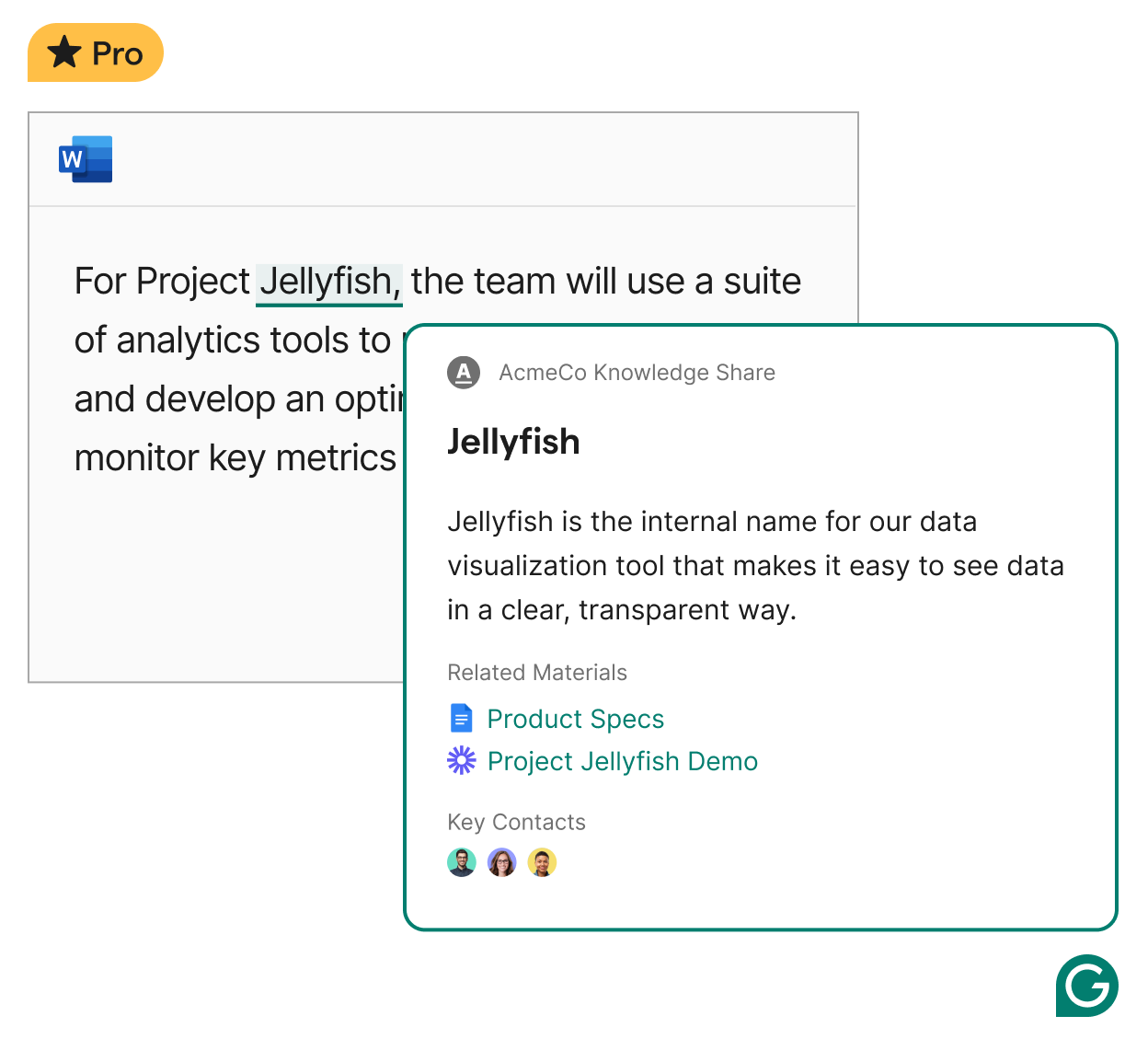 Outlook 画面上に表示された Grammarly のナレッジ シェア機能の例